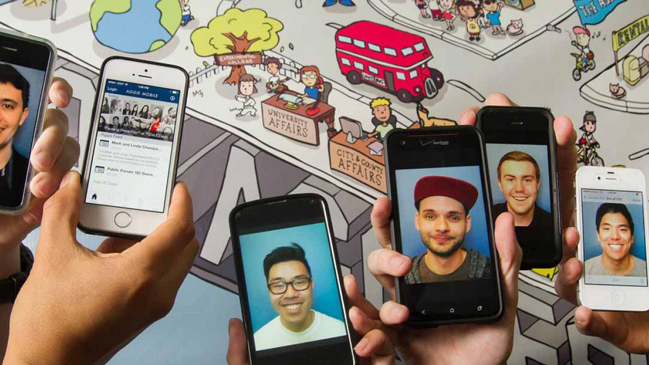 Six mobile phones with five men's picture and one showing the mobile app