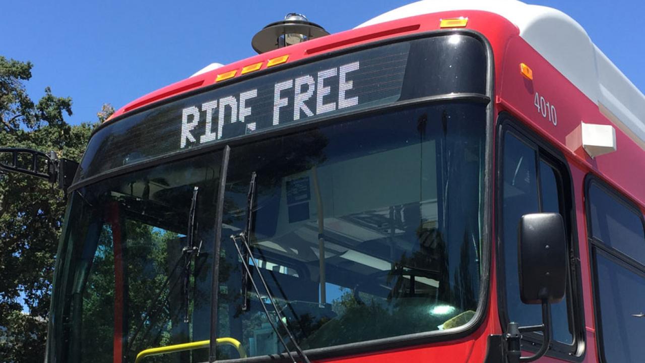 Unitrans bus overhead sign reads, "Ride Free."