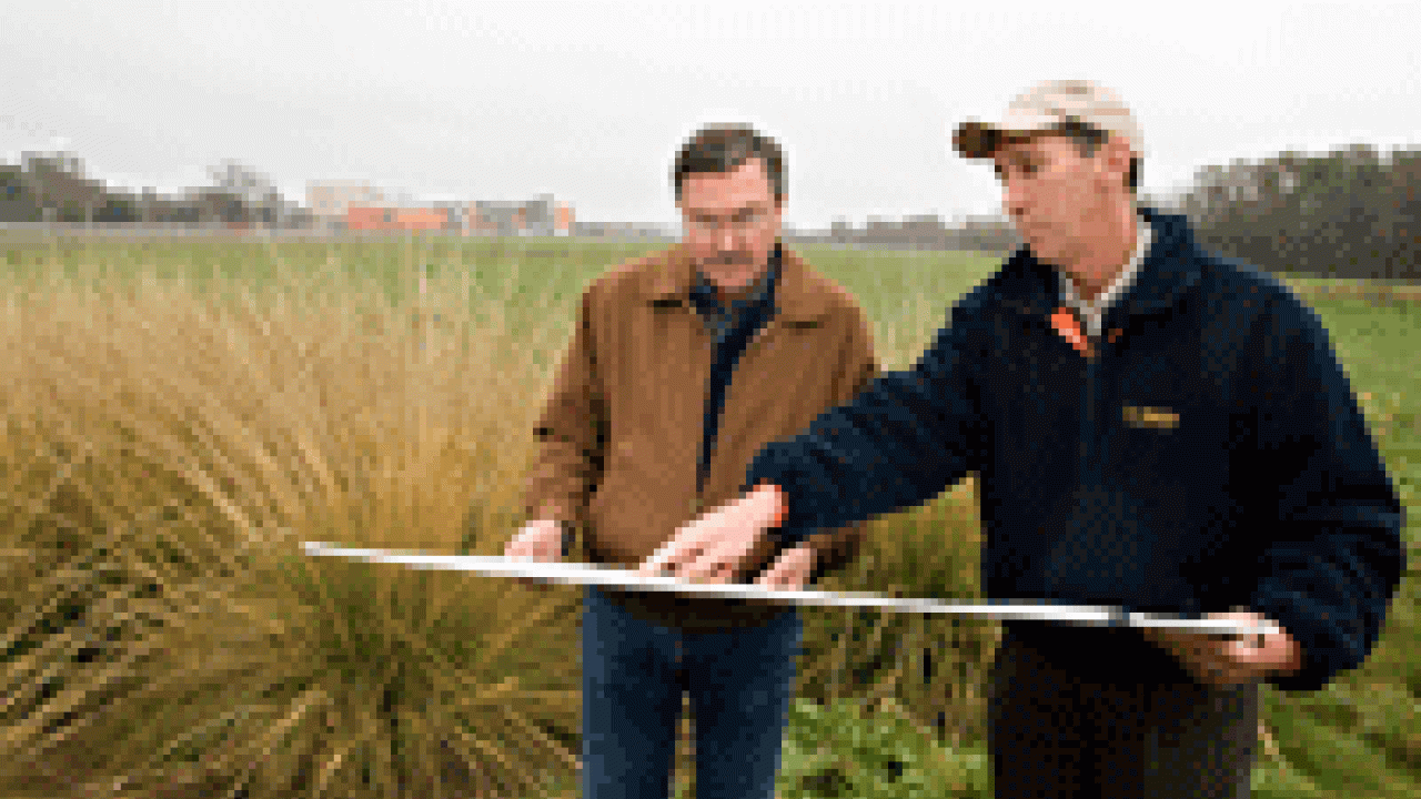 Viticulture and enology professor Andy Walker, left, and campus landscape architect Skip Mezger review the site plan for the 14.5-acre vineyard that will be planted between where they are standing and the Robert Mondavi Institute behind them.