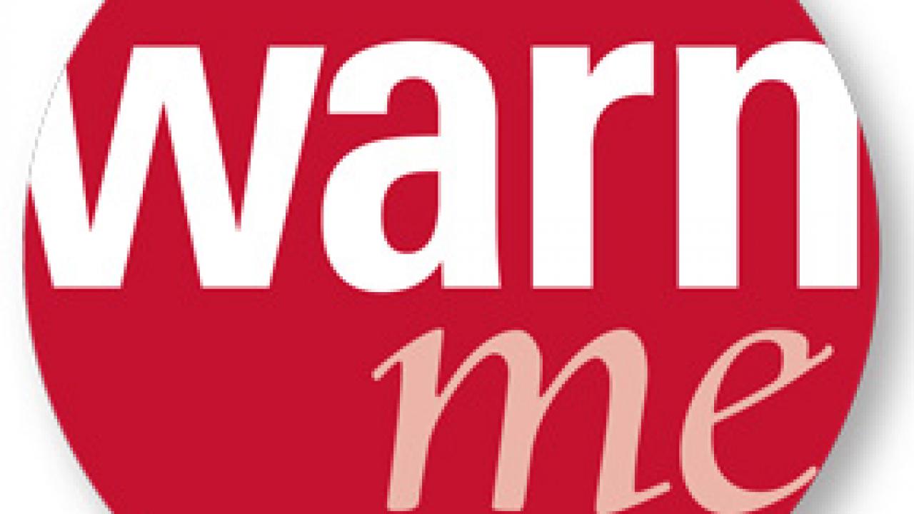 Graphic: WarnMe logo, WarnMe in a red circle