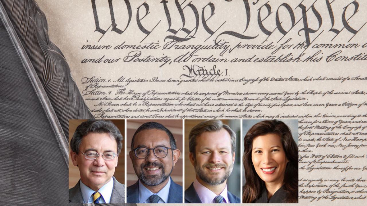 U.S. Constitution showing "We the People," with headshots of three faculty members and the chief justice, superimposed.
