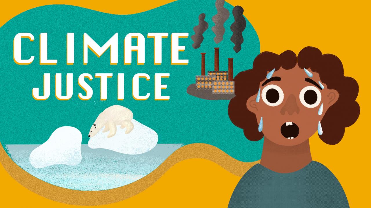 Illustration of brown-skinned, brown-haired person looking panicked and wide-eyed with backdrop of polar bear, melting ice and the worlds "climate justice)