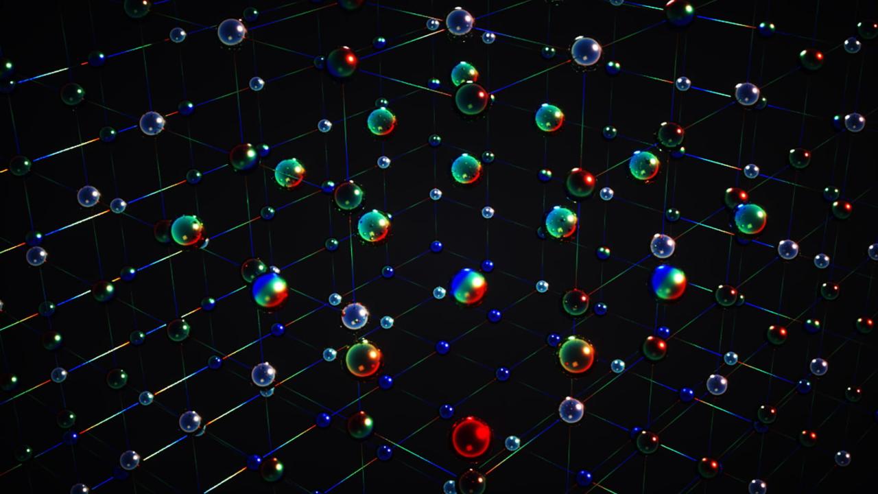 Graphic of colored spheres against a black background. 