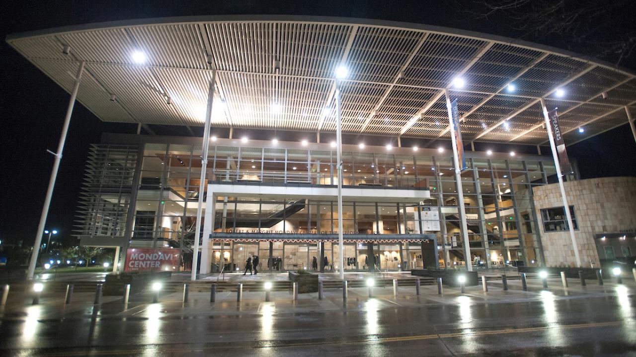 Night shot of UC Davis Mondavi Center