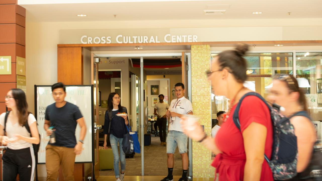 Students Walking In Front of the Cross Cultural Center