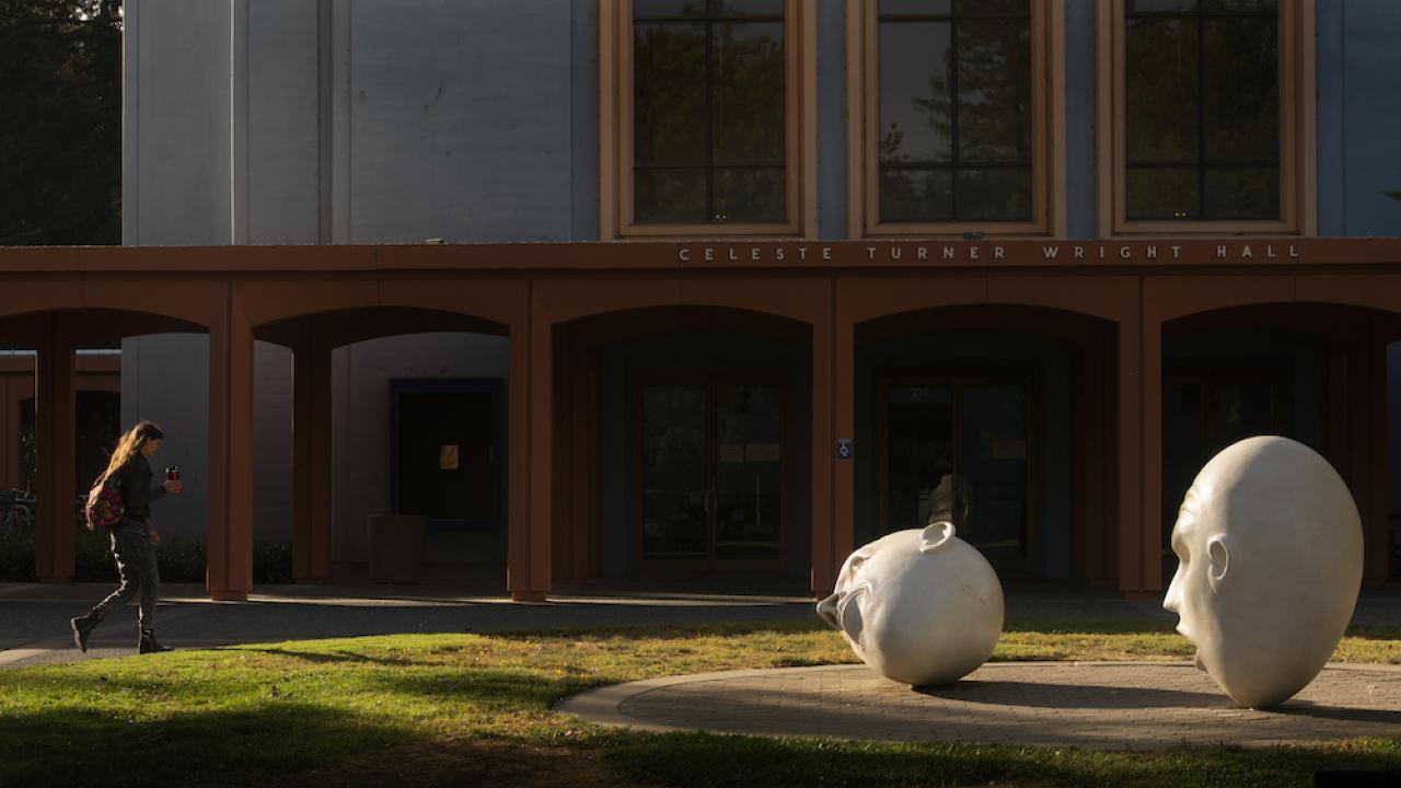 Yin and Yang egghead sculpture on UC Davis campus at golden hour