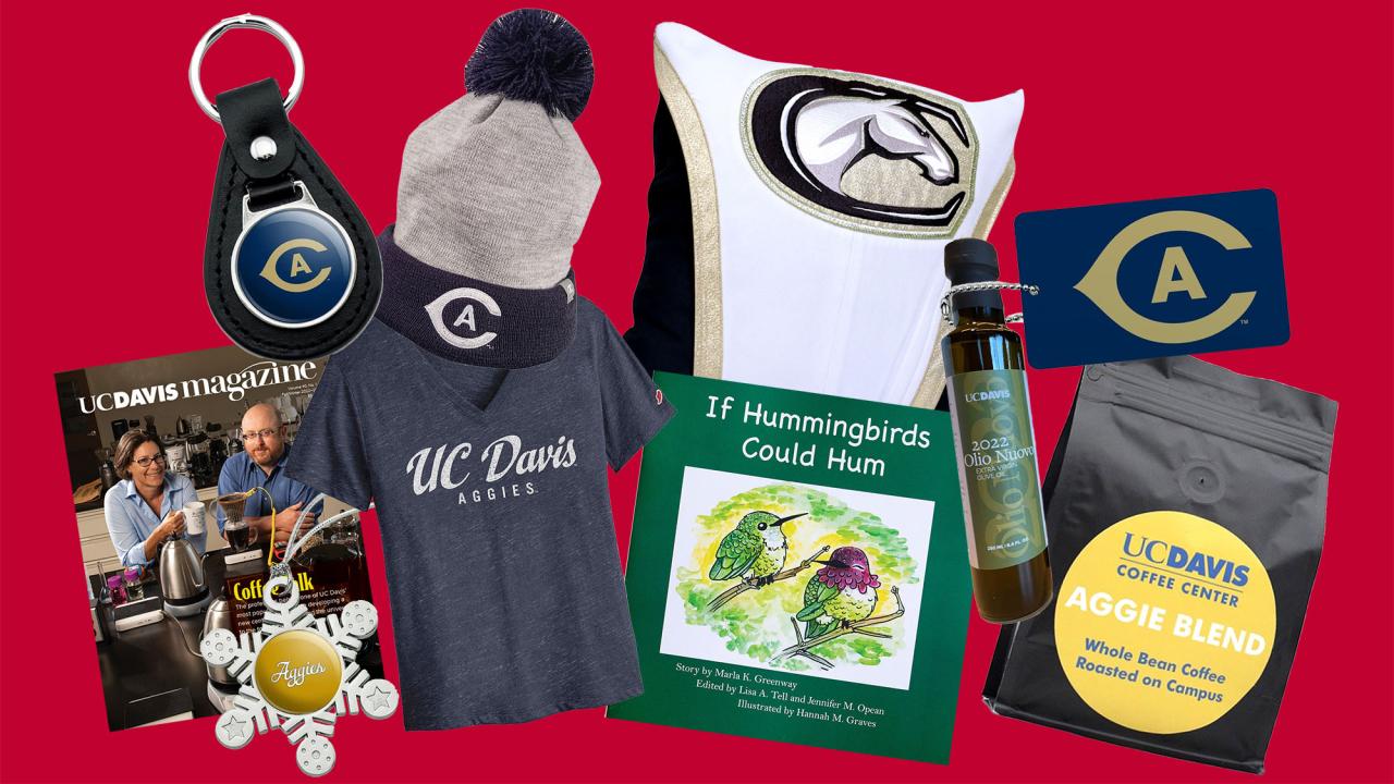 Collage of UC Davis Aggie-theme gifts