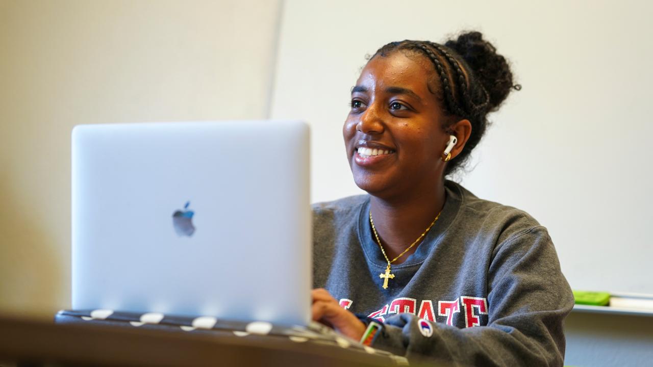 Meron Gebre attends class virtually while in the Center for African Diaspora Student Success photographed on May 3, 2023. She is a second year Political Science major.