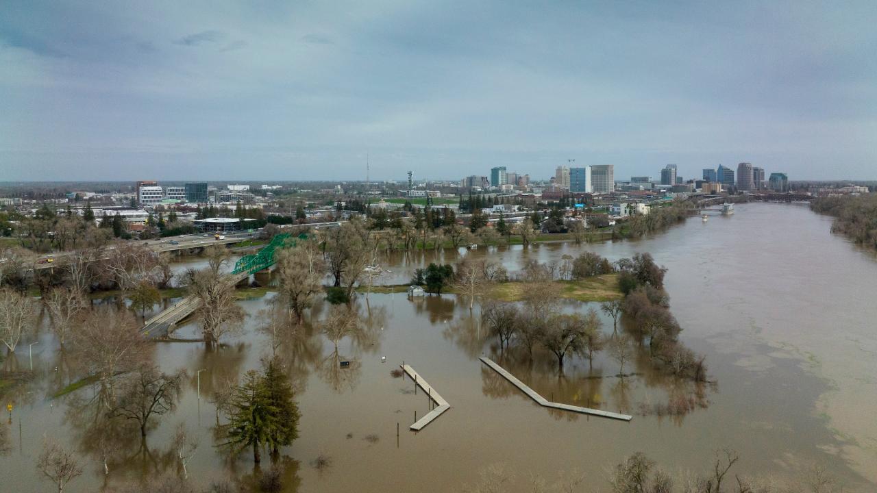 Drone aerial image of flooding across Discovery Park in Sacramento in 2023