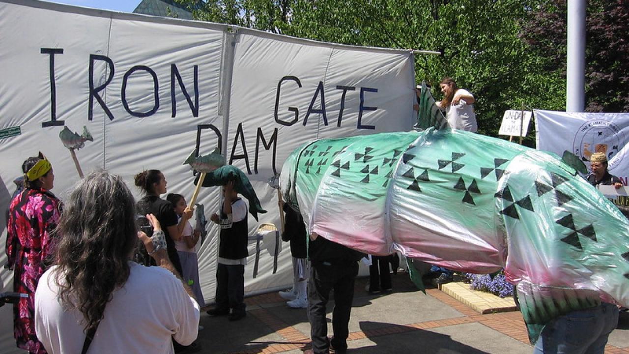 Klamath Basin tribes protest in 2006 with banner representing Iron Gate dam and large salmon costume appearing to be blocked behind it