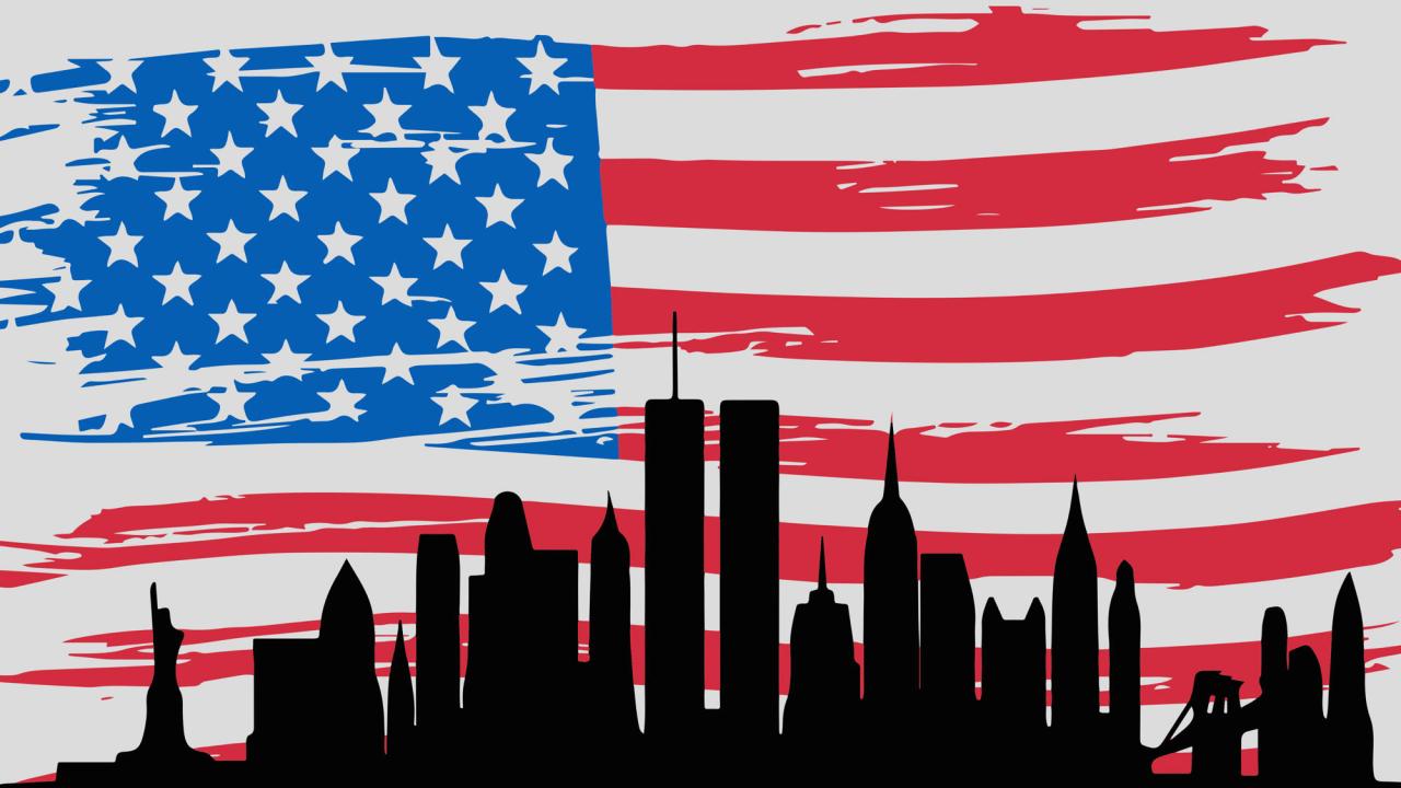 T-shirt design (cropped): New York City skyline superimposed on U.S. flag