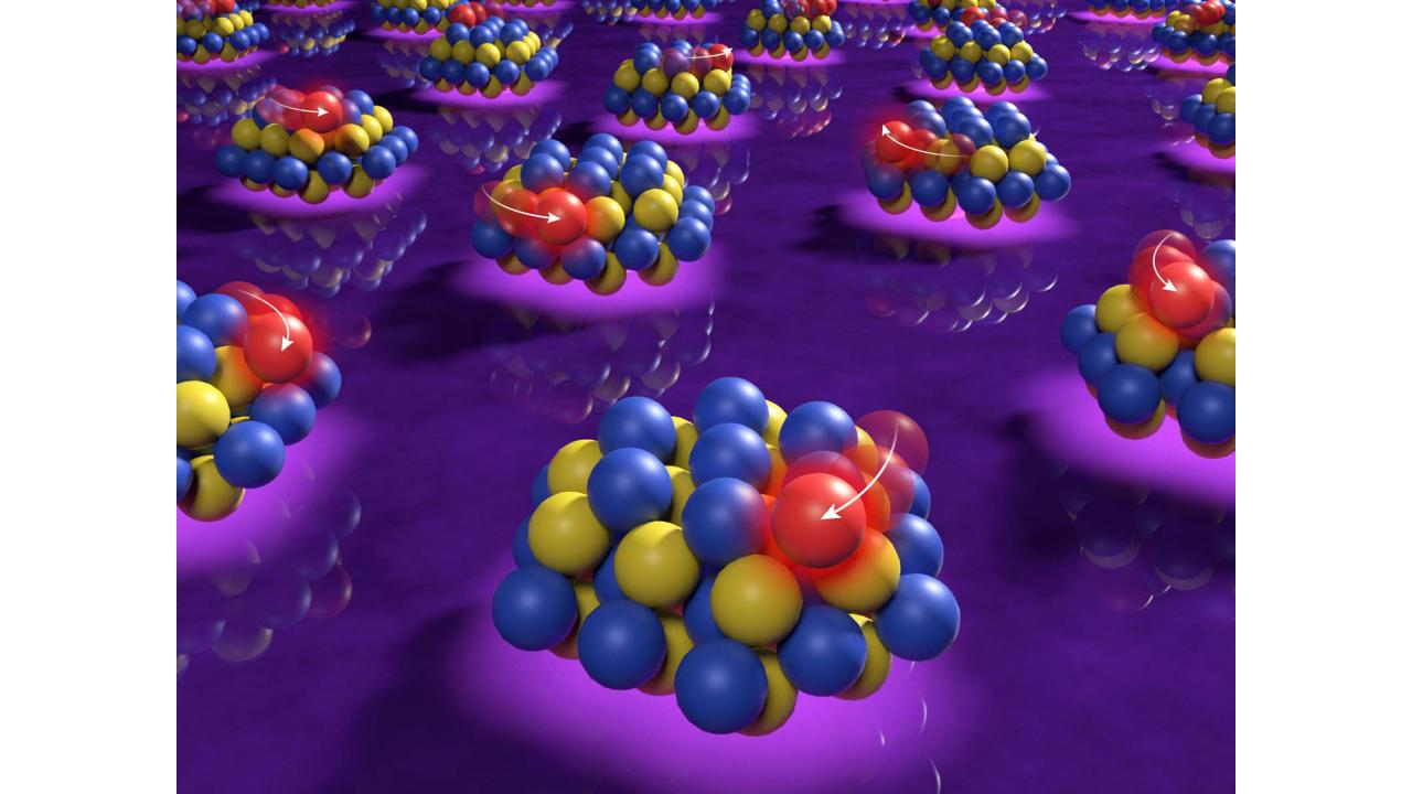 Piles of colored spheres sit on blue islands against a mauve background.
