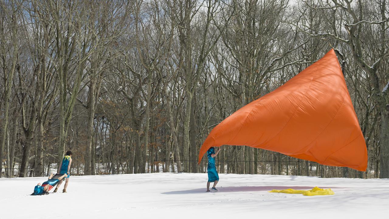 Performance Art with Orange flag