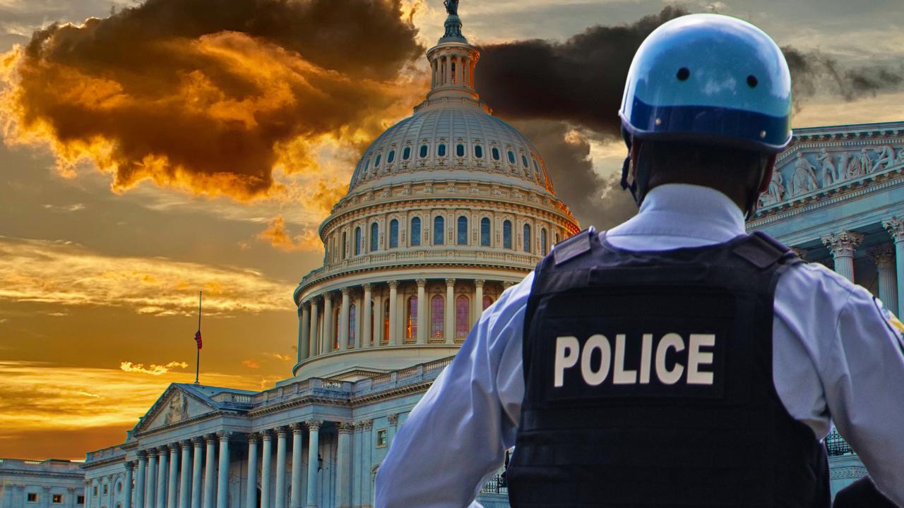 Back of police officer in front of U.S. capitol building