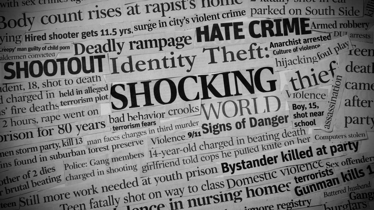Image of words from a newspaper such as shocking and sexual assault
