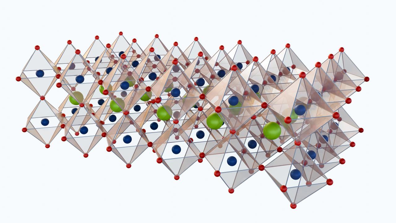 3D structural representation of a crystalline lattice with colored spheres and tetrahedra.