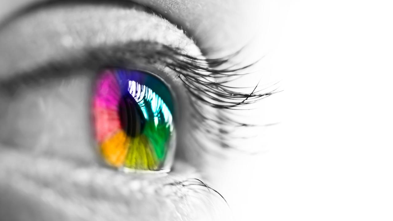 Stock art image of a human eye. The eyelid and skin are monochrome and the iris has been colored. 