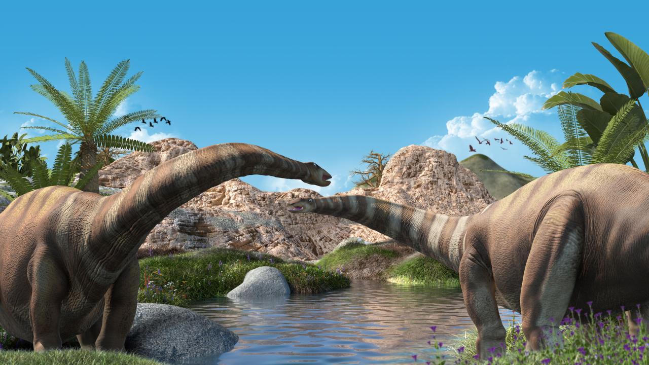 Rendering of two dinosaurs at a water hole. 