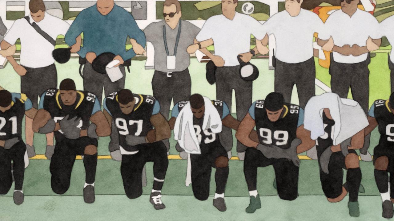 Art depiction of film still of football players, some taking a knee