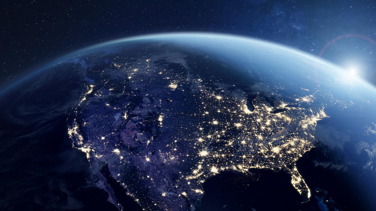 North America with lights at night as viewed from space