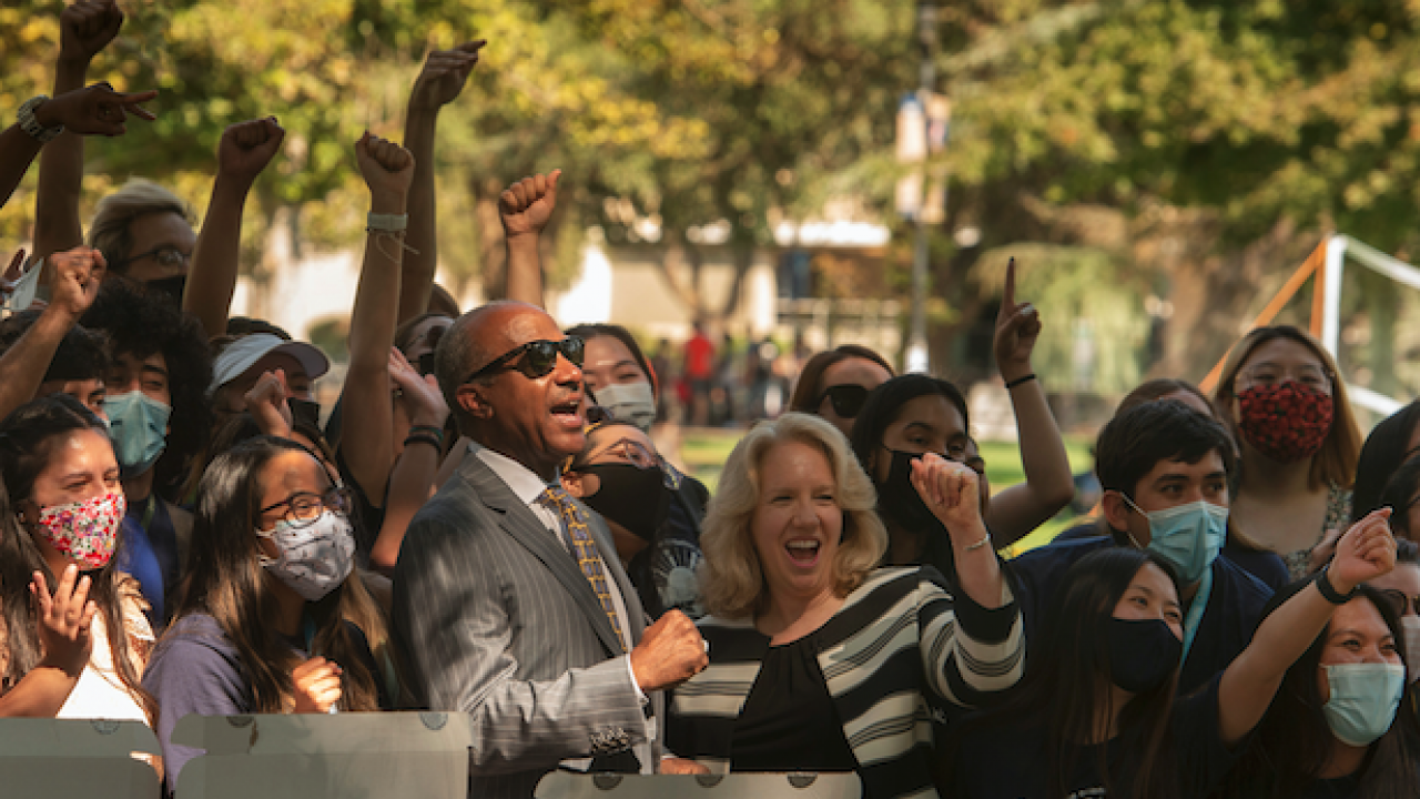 Chancellor May and Provost Croughan celebrate with students at UC Davis