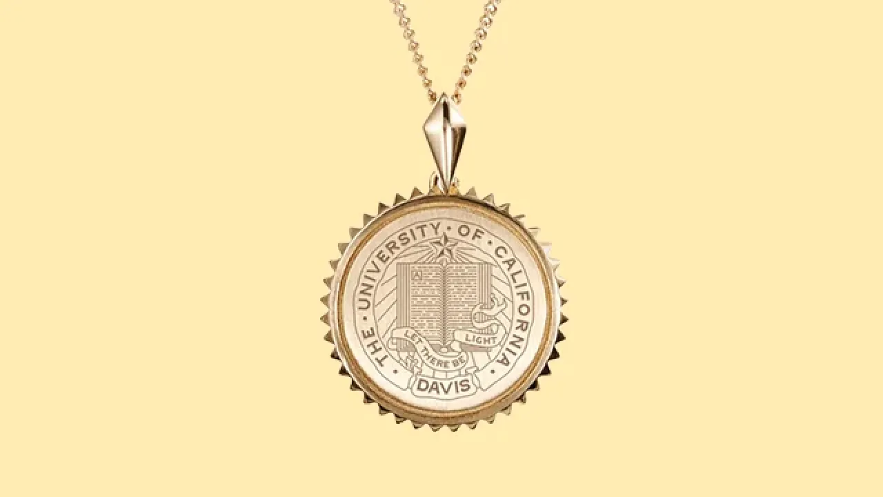 Gold coin pendant with scalloped edge on delicate chain, pale yellow background
