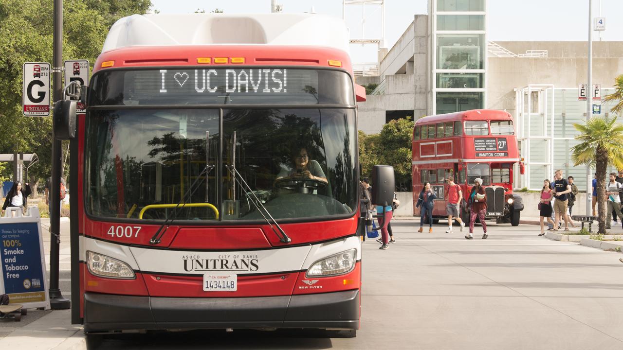Front of modern Unitrans bus with vintage double-decker bus in background