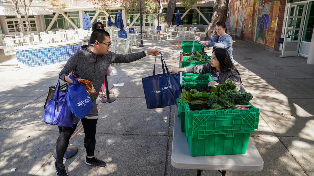 From an outside table, a student picks up produce made available by Aggie Compass