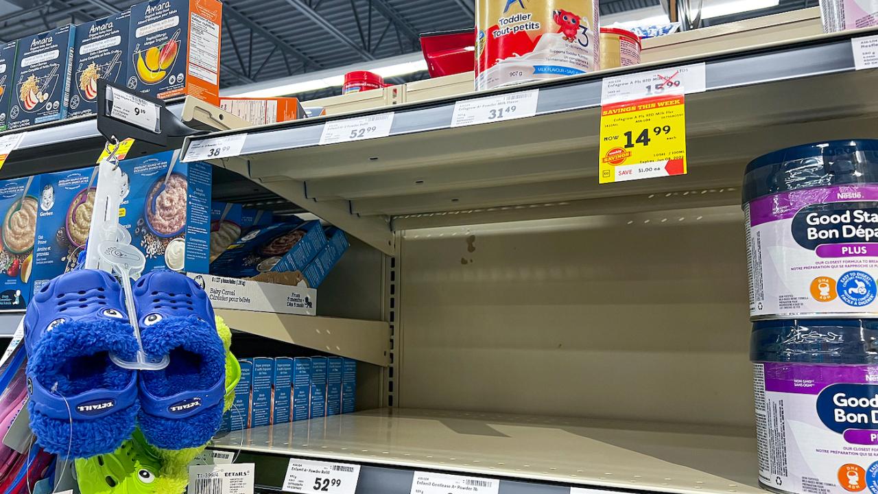 Empty store shelves that were once stocked with infant formula. A UC Davis survey found that nearly half of parents resorted to unsafe feeding methods during the infant formula shortage. 