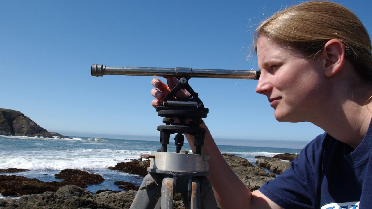 An undergraduate researchers surveys the seashore near Bodega Bay, California