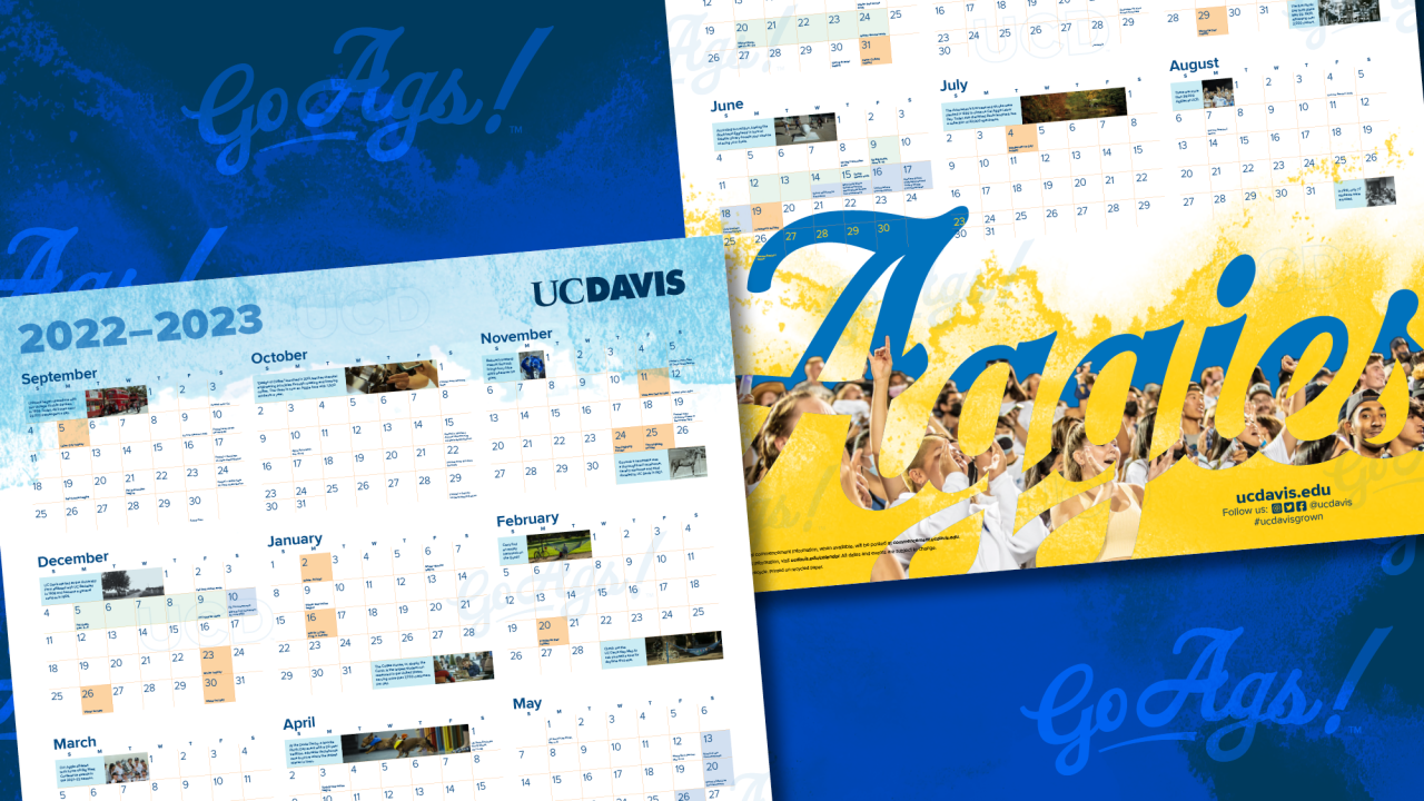 UC Davis campus poster calendar, 2022-23, featuring "Aggies" in script