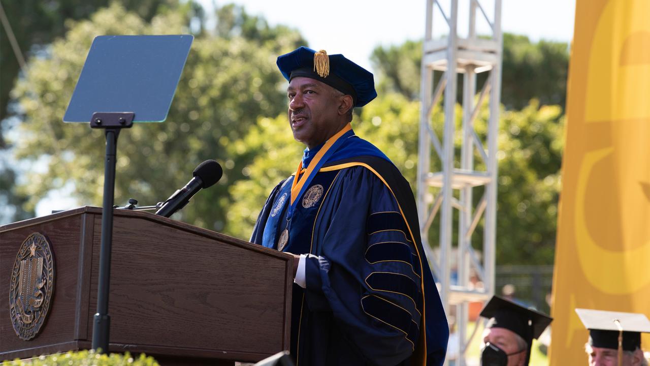 Chancellor Gary S. May speaks at commencement