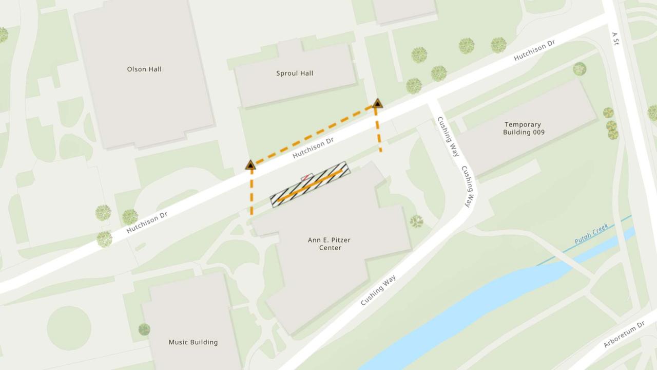 Screenshot of road closure map shows construction project in front of the Ann E Pitzer Center