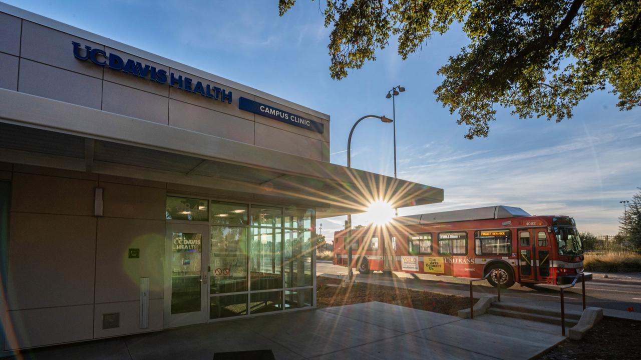 UC Davis medical Group's Davis Campus Clinic, exterior, with sunset