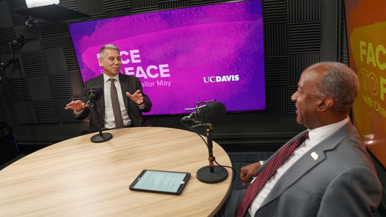 UC Davis Police Chief Joe Farrow speaks to Chancellor Gary S. May on the set of Face to Face With Chancellor May.