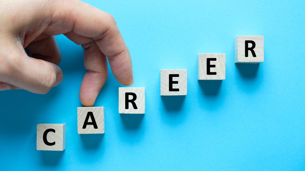 Fingers climb "career" ladder, with "career" spelled out in Scrabble tiles