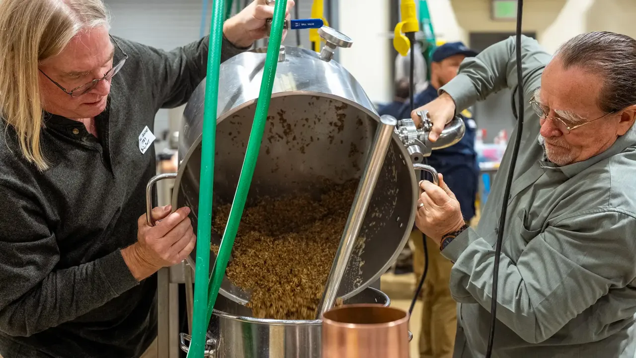 Two men pour grain from a large container into a smaller pot in a brewing facility.