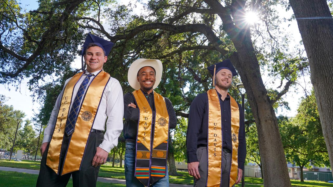 Three male undergraduates wearing graduation stoles outside