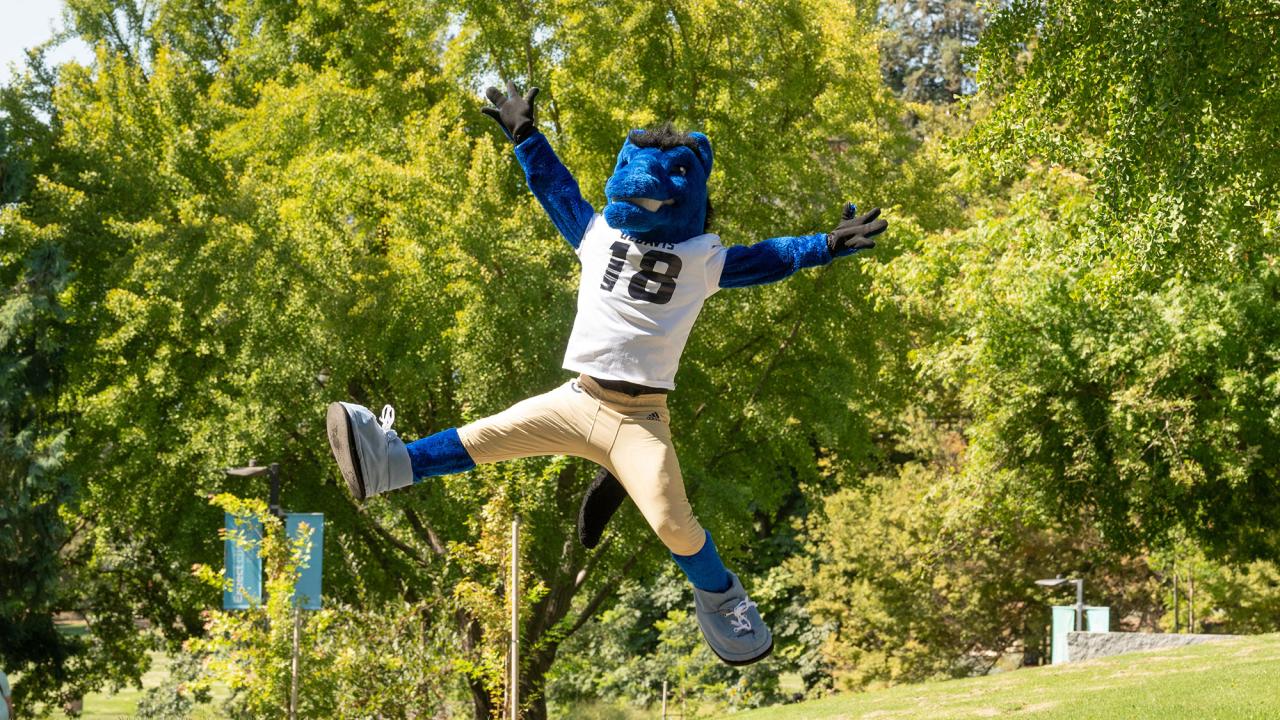 UC Davis mascot Gunrock jumps high against green landscape
