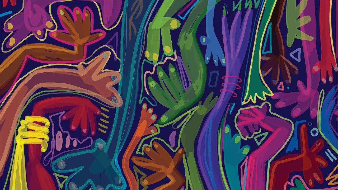 Abstract painting of hands of many different colors, coming together.