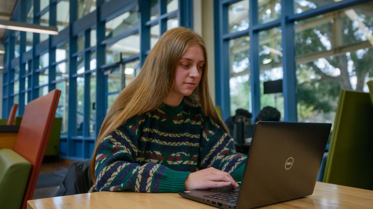 A student works on her laptop in a coffee shop at UC Davis. 
