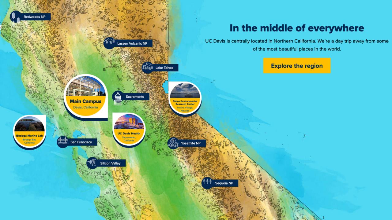 Map of California showing various UC Davis sites with the text: In the middle of everywhere