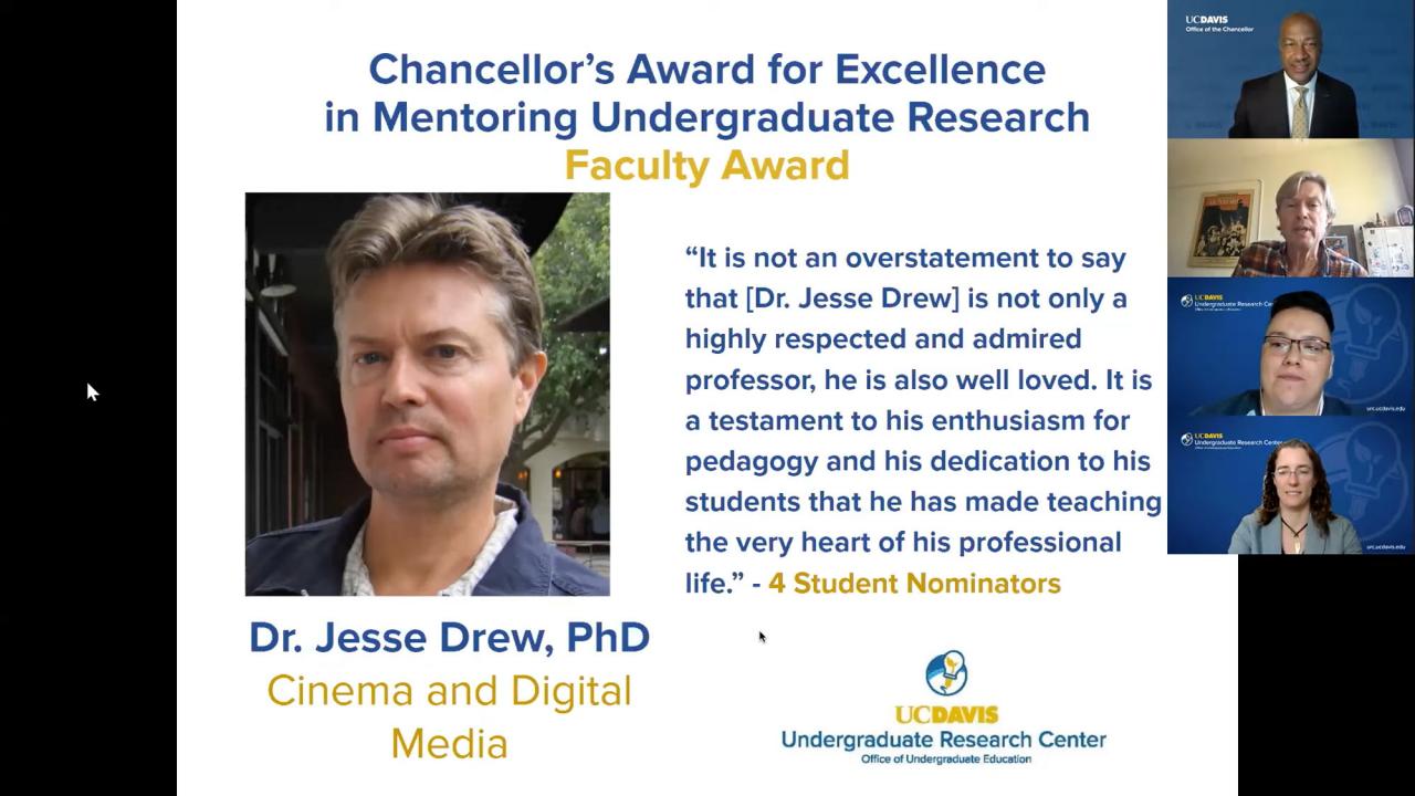 Professor Jesse Drew award slide, with his photo