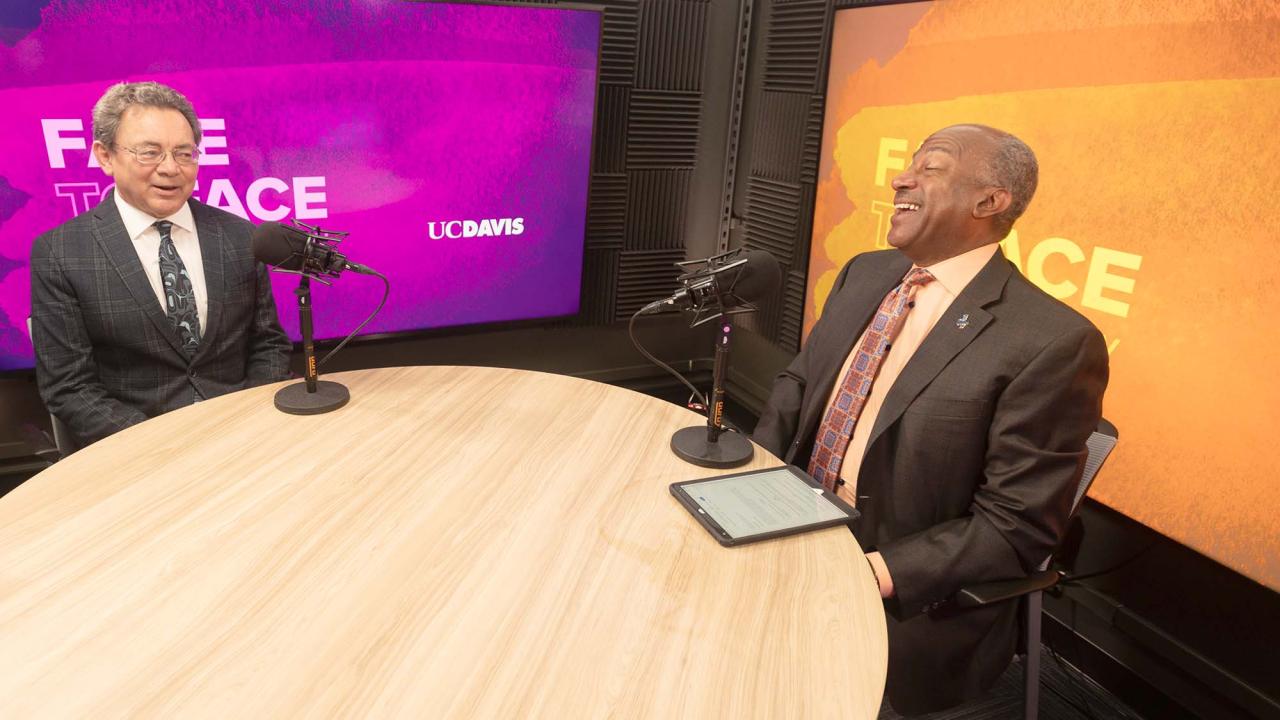 Chancellor Gary S. May interviews Kevin Johnson in a video studio
