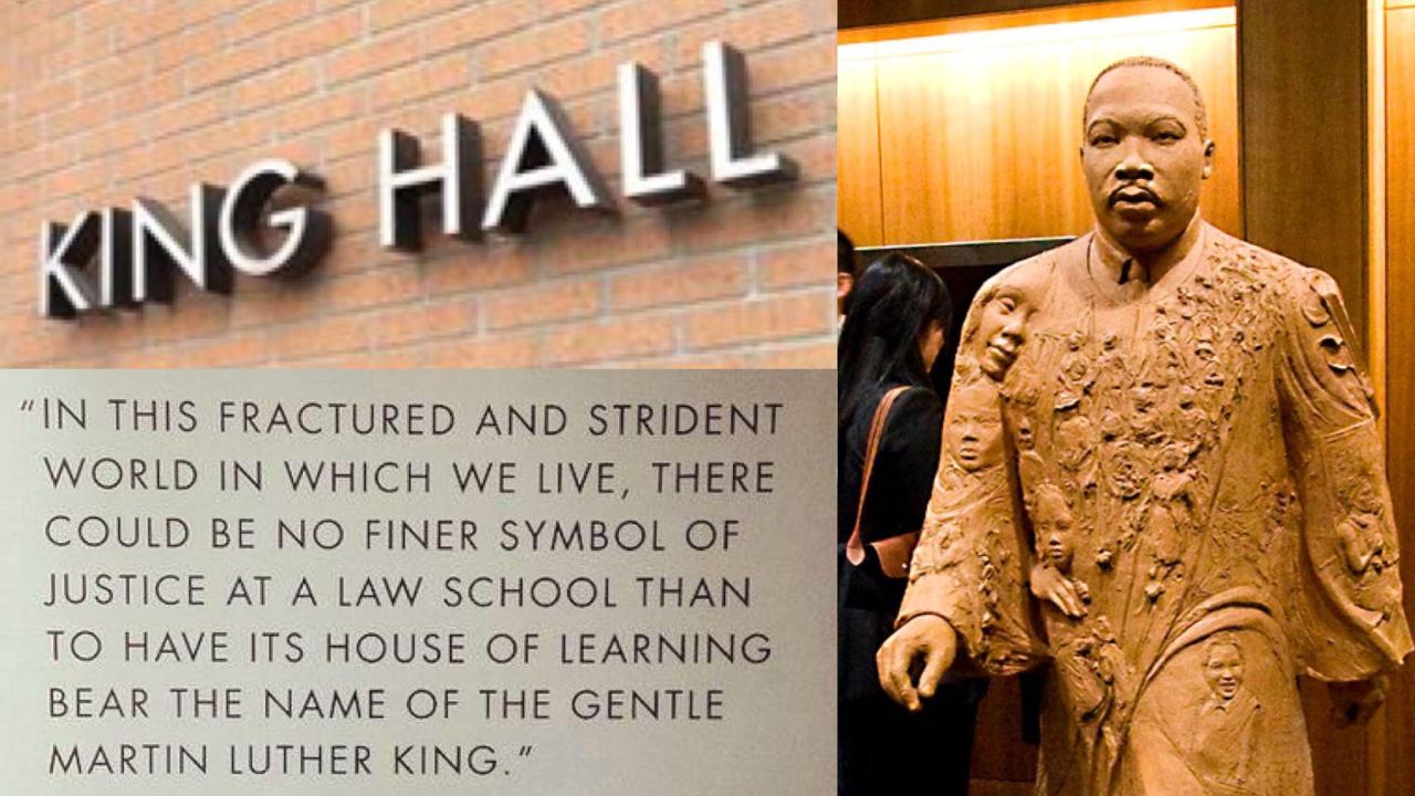 Combo: "King Hall" sign, MLK statue and plaque