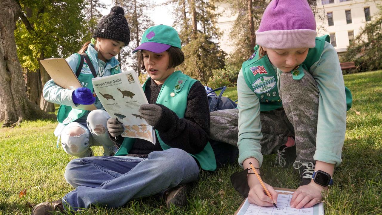 Girl scouts in pink and blue clothes working on patch exercise at UC Davis