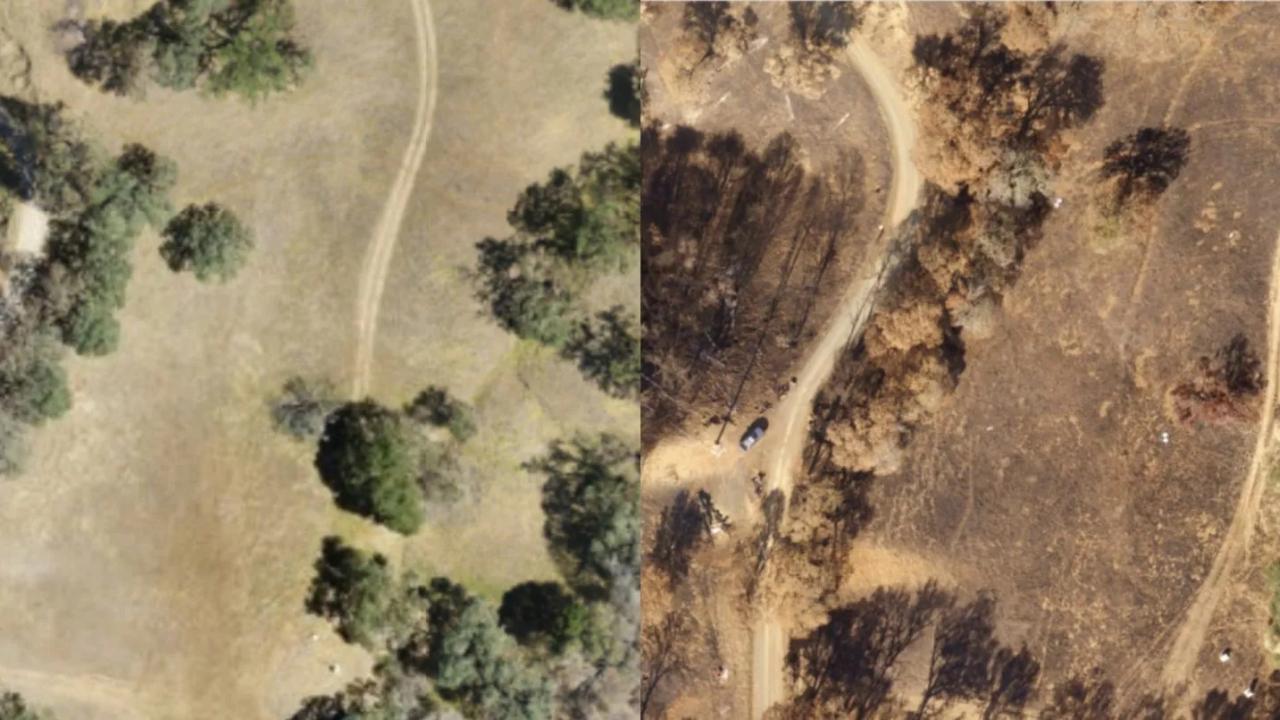 Aerial drone image compost of wildlands before and after wildfire