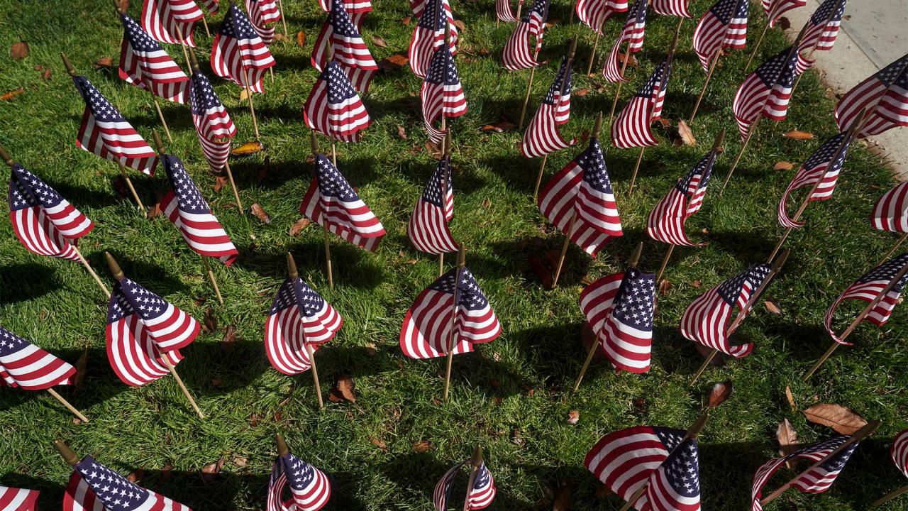 Rows of American flags.