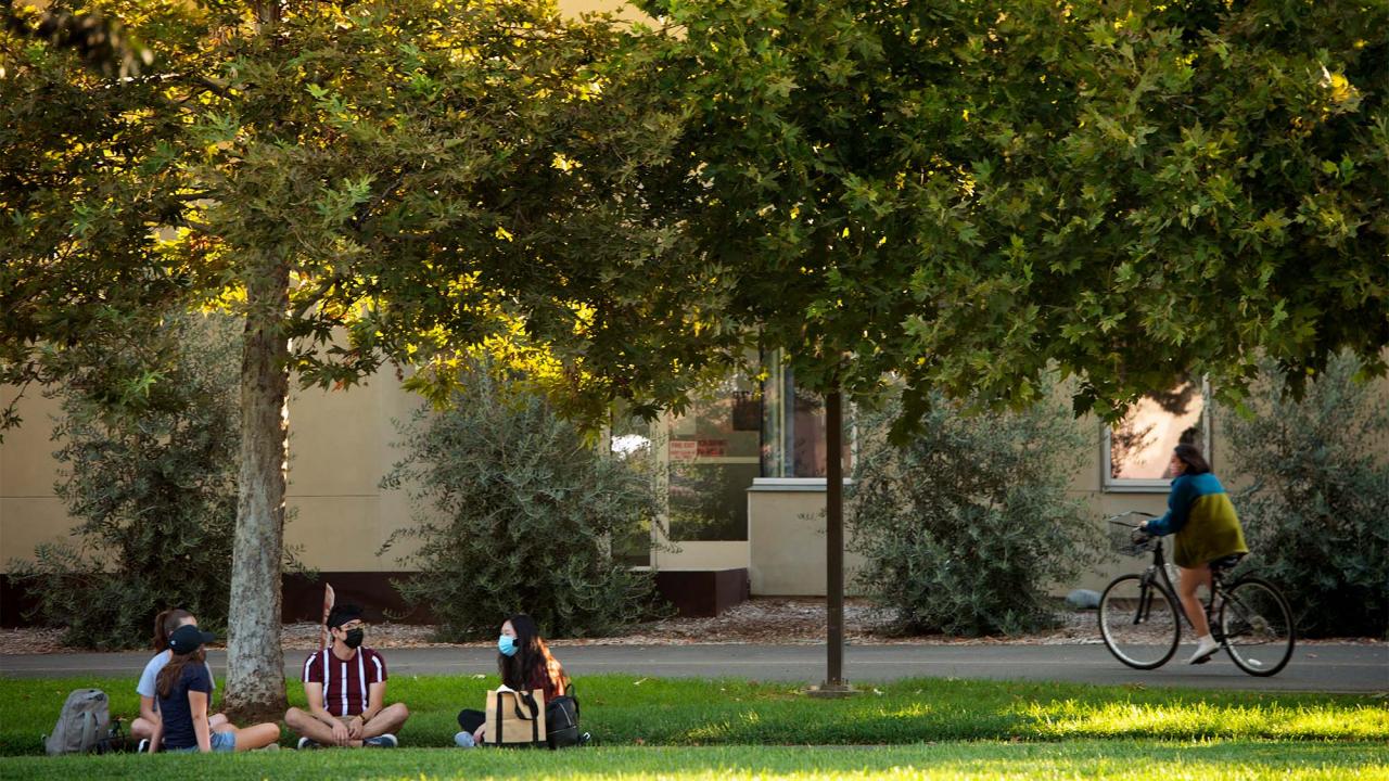 Students sit and chat outside the Segundo Dining Commons as another student rides past on a bicycle.