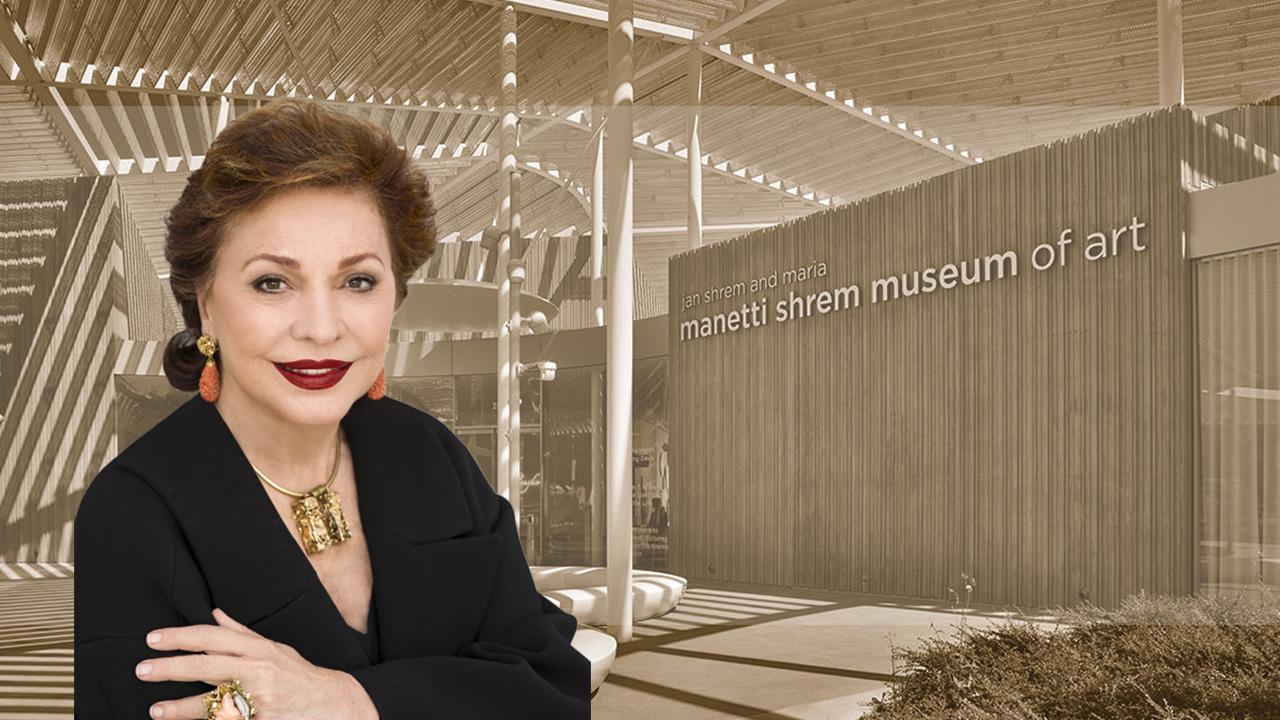 Photo of Maria Manetti Shrem superimposed on photo of the Jan Shrem and Maria Manetti Shrem Museum of Art